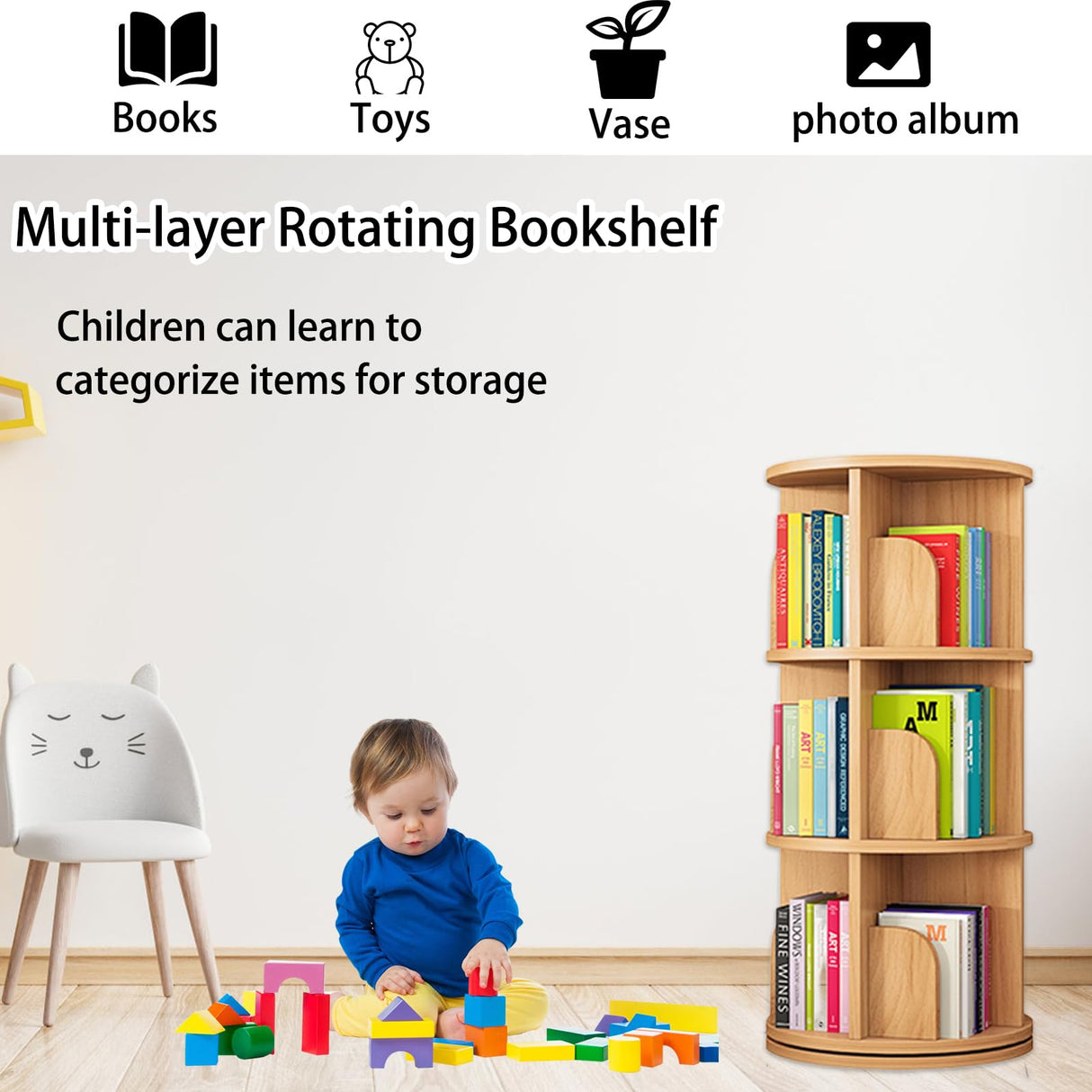 360 Display Rotating Bookshelf Tower,Rotating Bookshelf for Kids&Adults,3 Tier Rotating Stackable Shelves for Small Space,Solid Wood Narrow Bookcase Organizer for Kids Room,Bedroom,Living Room Feuusec