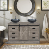 SOLIDEE 48" Barn Door Bathroom Vanity with 6 Drawers, Farmhouse Style Standing Pedestal Cabinet with Two Bluish Gray Glass Vessel Sinks SOLIDEE