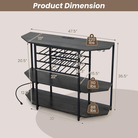 COSTWAY Rustic Grey 3-Tier Wine Bar Cabinet with Charging Station and Ample Storage COSTWAY