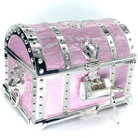 Vintage Metal Jewelry Chest Treasure Trinket Box, Gem Storage Tray Ring Earrings Necklace Keepsake Gift Holder Case Bag for Girls Ladies Women (Large Silver Pink With Tray) Truewon