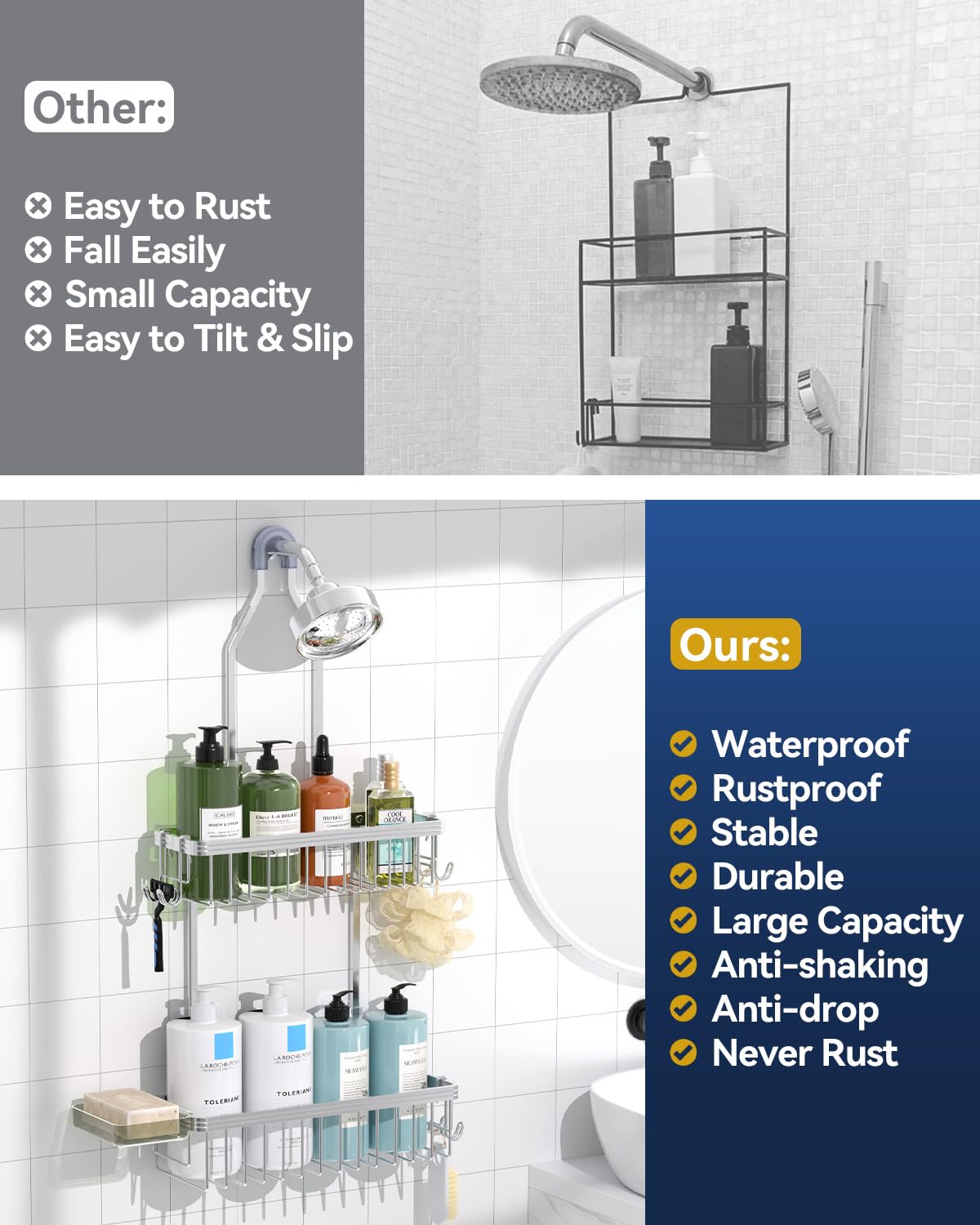 YASONIC Shower Caddy Hanging, Never Rust Shower Organizer Hanging, Aluminum Shower Racks for Inside Shower with Hooks for Razor, Bathroom Organizers and Storage with Soap Holder, Bright Silver YASONIC