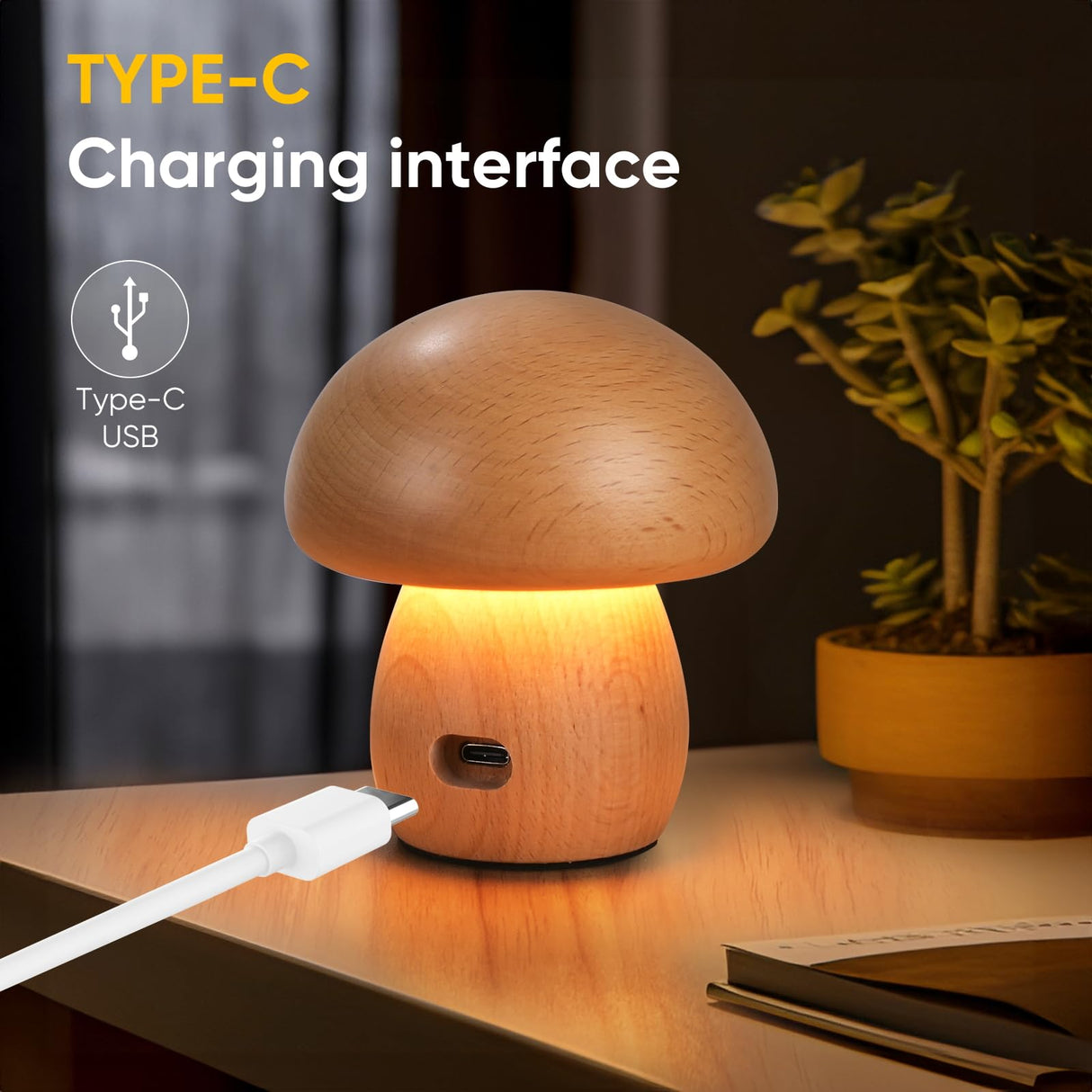 LONRISWAY Wooden Mushroom Lamp, Portable Cordless Rechargeable Battery Operated Lamp,Stepless Dimming, Night Light for Birthday Gifts LONRISWAY