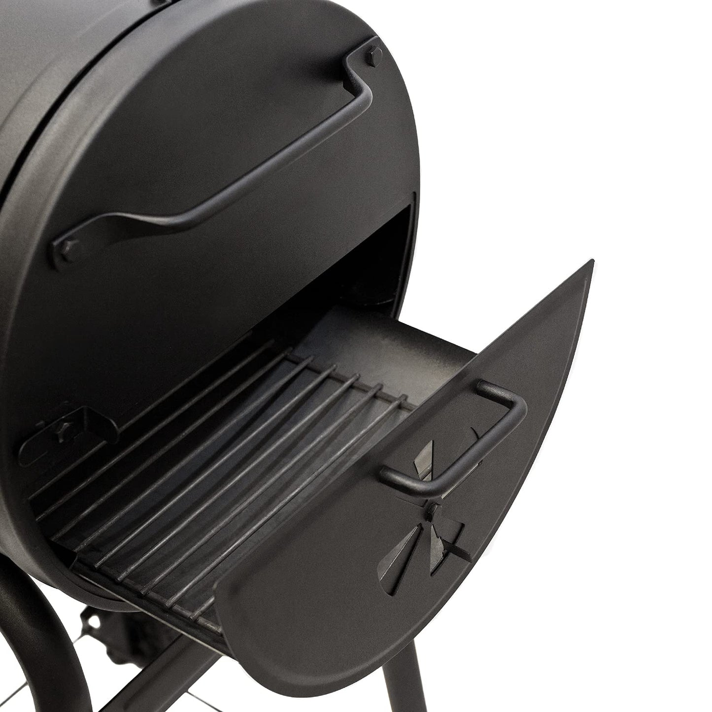 Char-Griller® Patio Pro Charcoal Grill and Smoker with Cast Iron Grates, Premium Wood Shelf and Damper Control, 250 Cooking Square Inches in Black, Model E1515