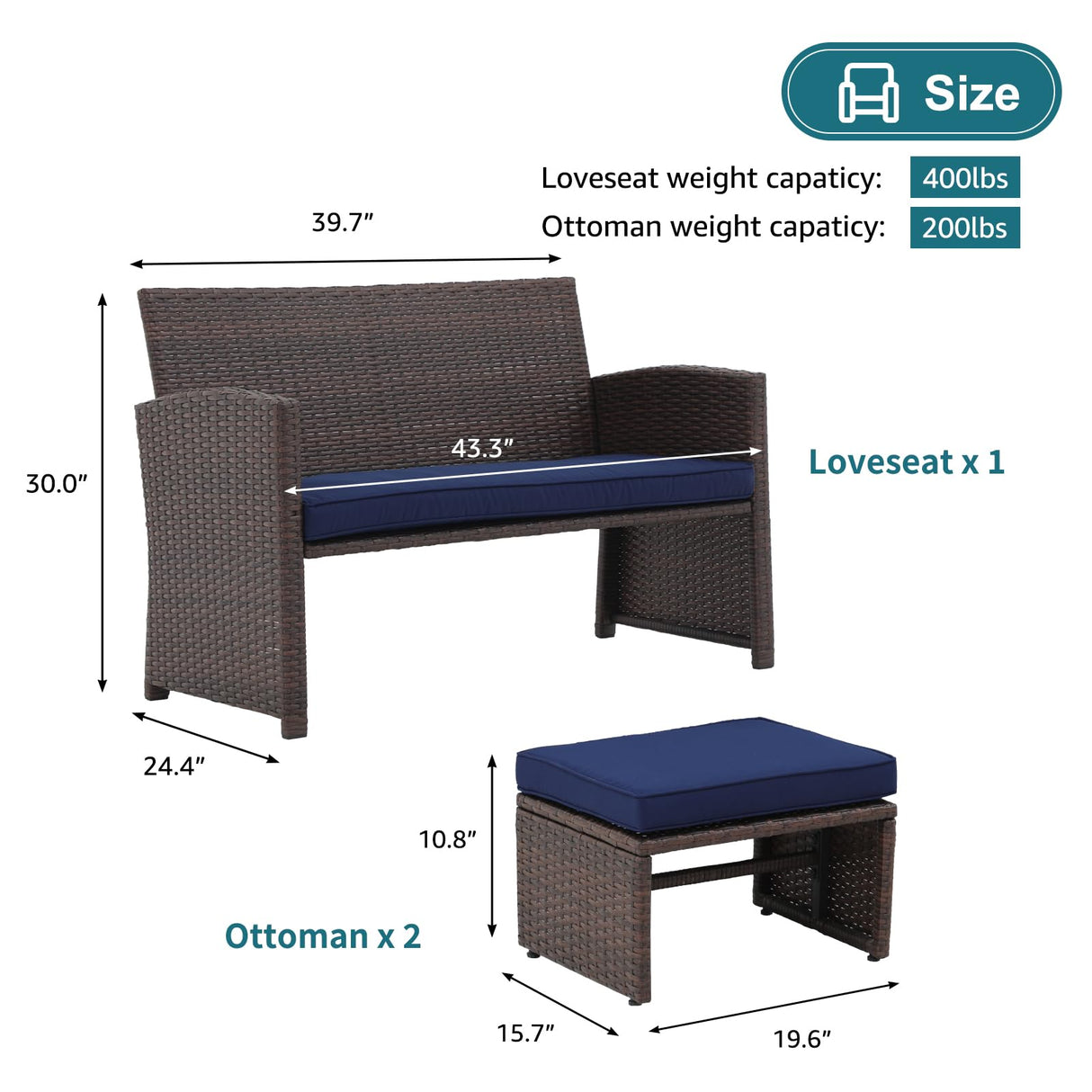 OC Orange-Casual Outdoor Loveseat 3 Piece Patio Furniture Set Outdoor Conversation Set All-Weather Wicker Love Seat with Ottoman/Side Table, Brown Rattan, Blue OC Orange-Casual