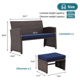 OC Orange-Casual Outdoor Loveseat 3 Piece Patio Furniture Set Outdoor Conversation Set All-Weather Wicker Love Seat with Ottoman/Side Table, Brown Rattan, Blue OC Orange-Casual