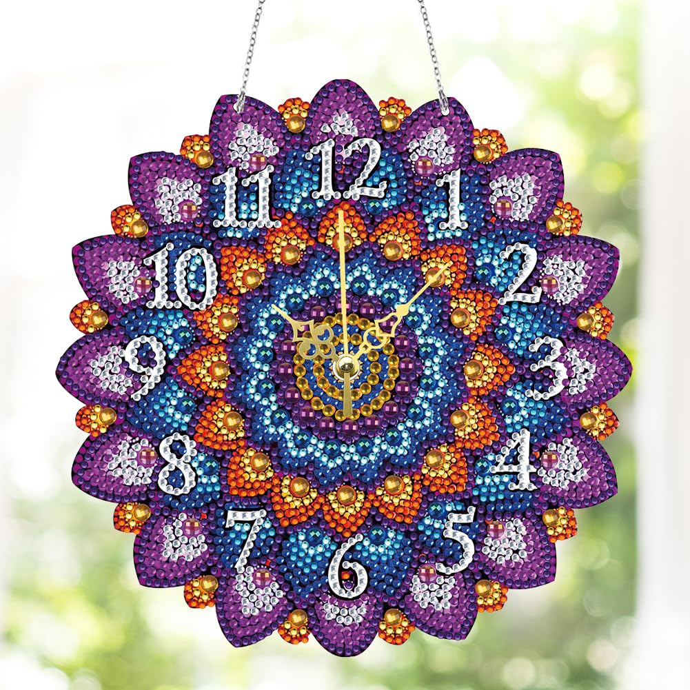 DIY 5D Wooden Diamond Painting Clock Kits for Adults Mandala Art Wall Clock Crystal Rhinestone Diamond Painting by Number Mosaic Art Crafts Home Wall Decor (Purple-03) Generic