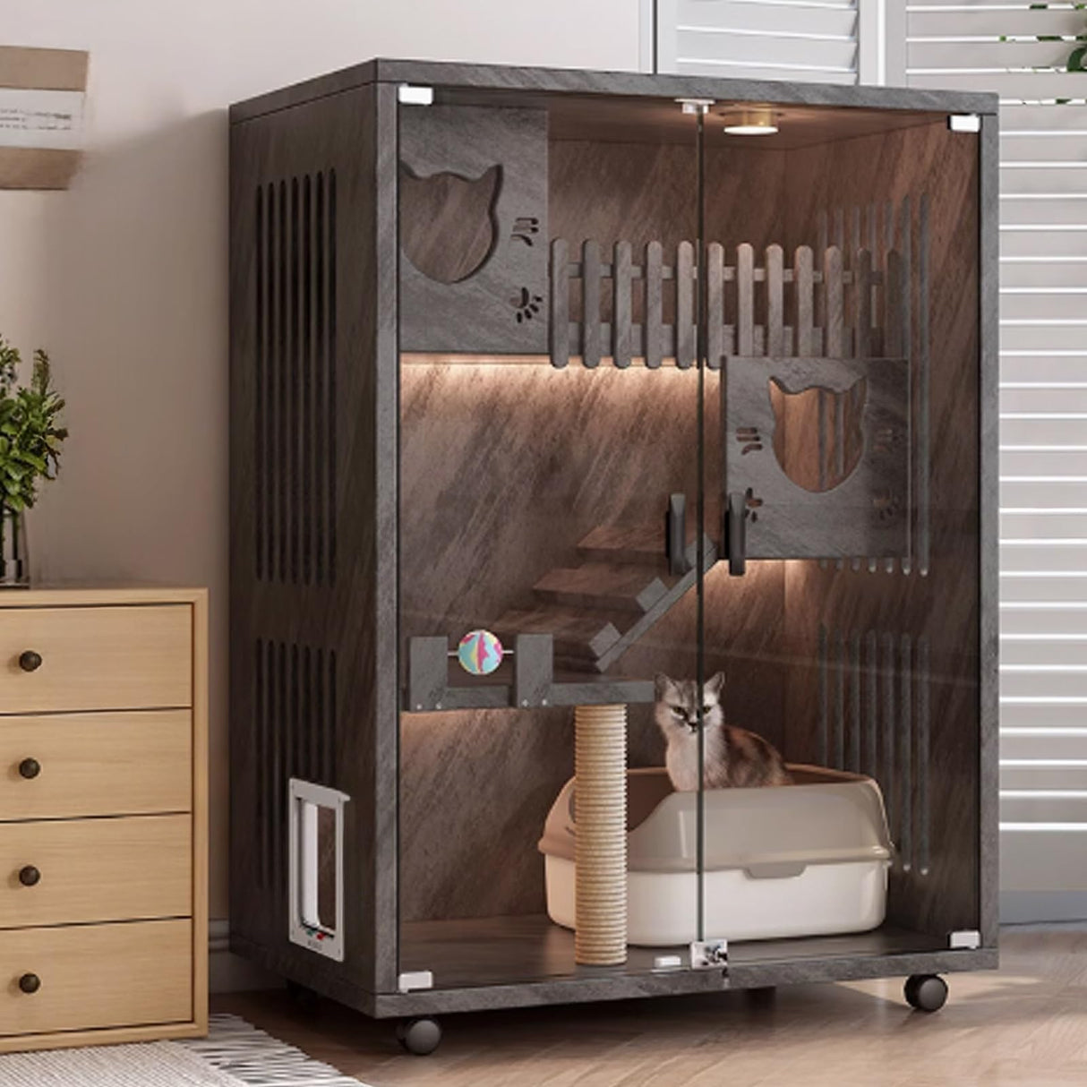 GUQASDV Cat Cage Wood, Catio Indoor Cat Enclosure, Enclosed Cat Playpen, Cat Crate with Wheels and Cat Scratch Post for Ferret, Chinchilla, Small Animals(Black,90x60x120cm) GUQASDV