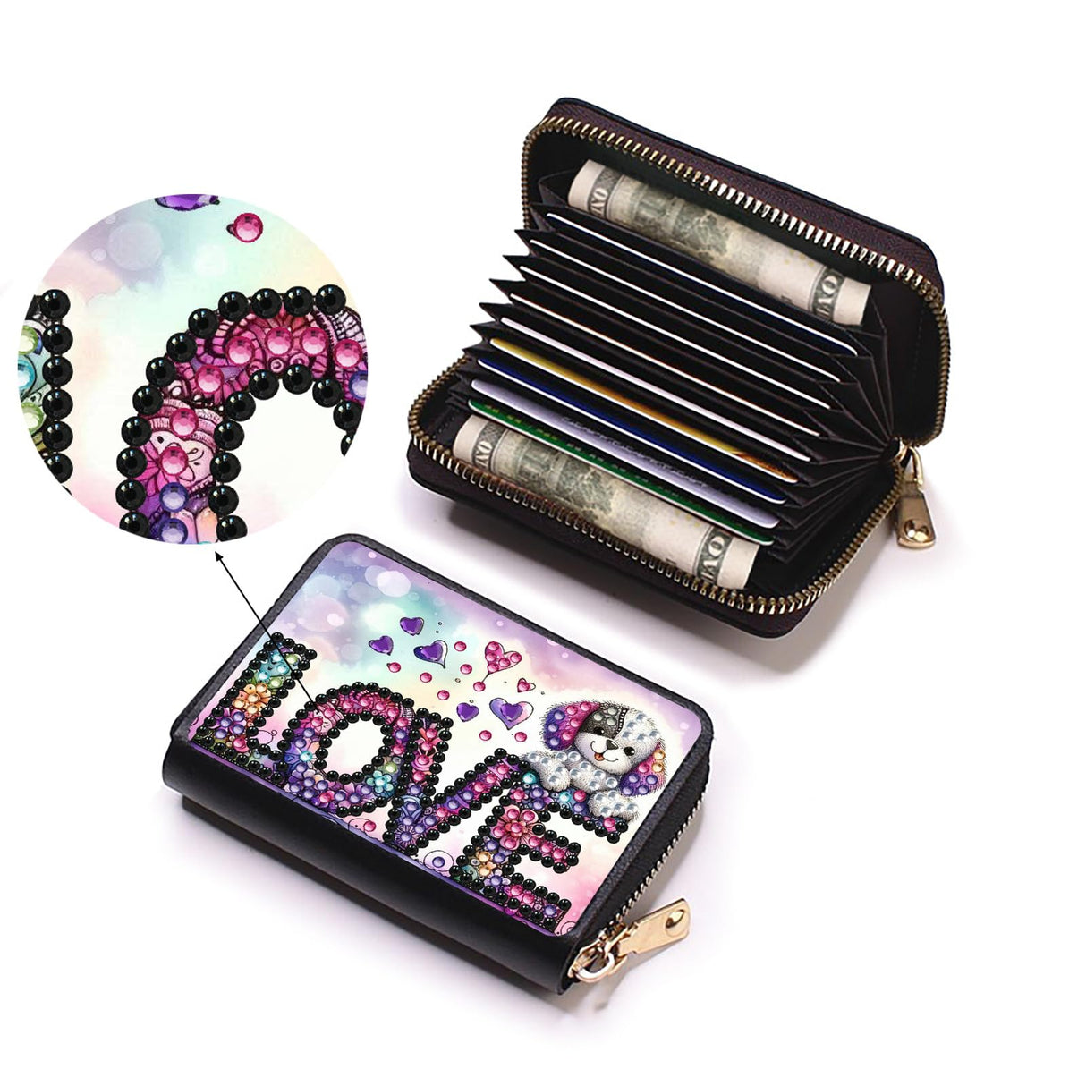 yzARTche Diamond Art Painting Credit Card Wallet, RFID Blocking 5D Gem Art PU Leather Zipper Card Holder Wallet for Women-01-LOVE Dog yzARTche