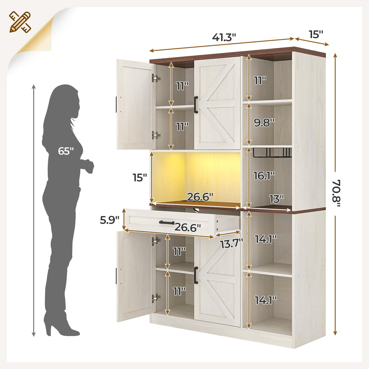 UPOSOJA Farmhouse Kitchen Pantry Storage Cabinet with Bar Cabinet Drawers & Shelves, Freestanding Hutch and Adjustable Shelves, Versatile Storage for Kitchen, Dining Room, Living Room, Off White UPOSOJA