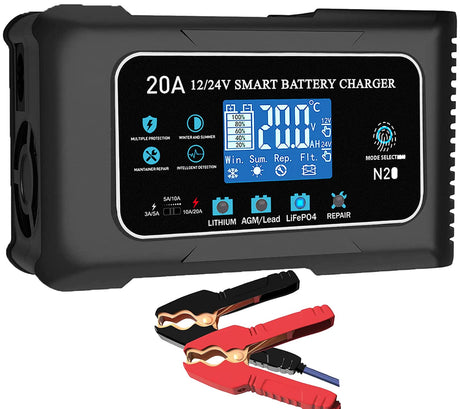 20-Amp Lifepo4 Lithium AGM Gel Smart Battery Charger, 12V/20A 24V/10A Trickle Charger, Maintainer for car Boat Motorcycle, Lawn Mower Dght