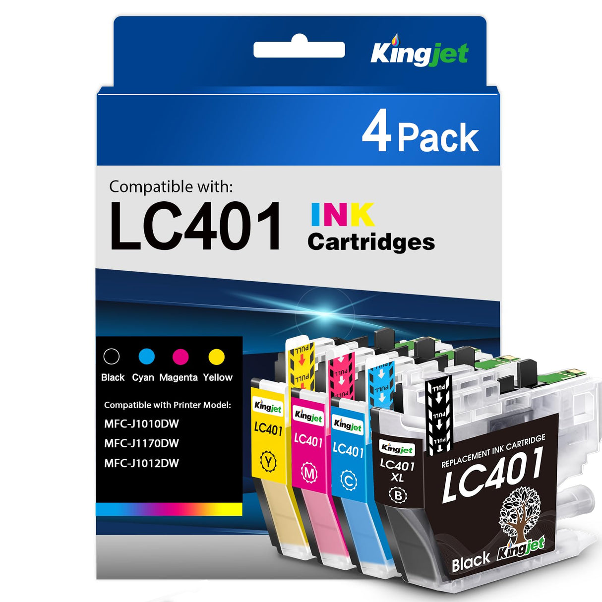 Kingjet LC401 Ink Cartridges Replacement for Brother LC401 Ink Cartridges Compatible with LC401 Ink Cartridges for Brother Printer MFC-J1010DW MFC-J1170DW MFC-J1012DW, 4PK（Black/Cyan/Magenta/Yellow Kingjet