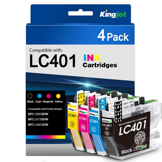 Kingjet LC401 Ink Cartridges Replacement for Brother LC401 Ink Cartridges Compatible with LC401 Ink Cartridges for Brother Printer MFC-J1010DW MFC-J1170DW MFC-J1012DW, 4PK（Black/Cyan/Magenta/Yellow