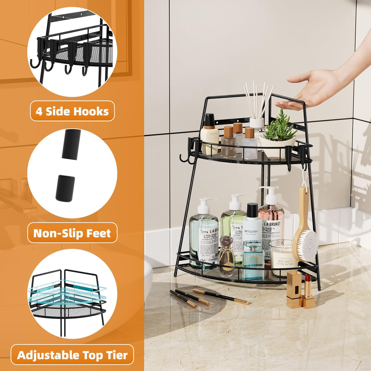 VITVITI 2 Tier Corner Bathroom Counter Organizer, Metal Bathroom Countertop Organizer Shelf Storage, Bath Room Sink Makeup Organizers for Vanity Perfume Skincare with Hooks, Black VITVITI
