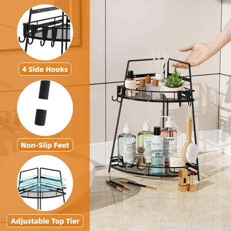 VITVITI 2 Tier Corner Bathroom Counter Organizer, Metal Bathroom Countertop Organizer Shelf Storage, Bath Room Sink Makeup Organizers for Vanity Perfume Skincare with Hooks, Black VITVITI