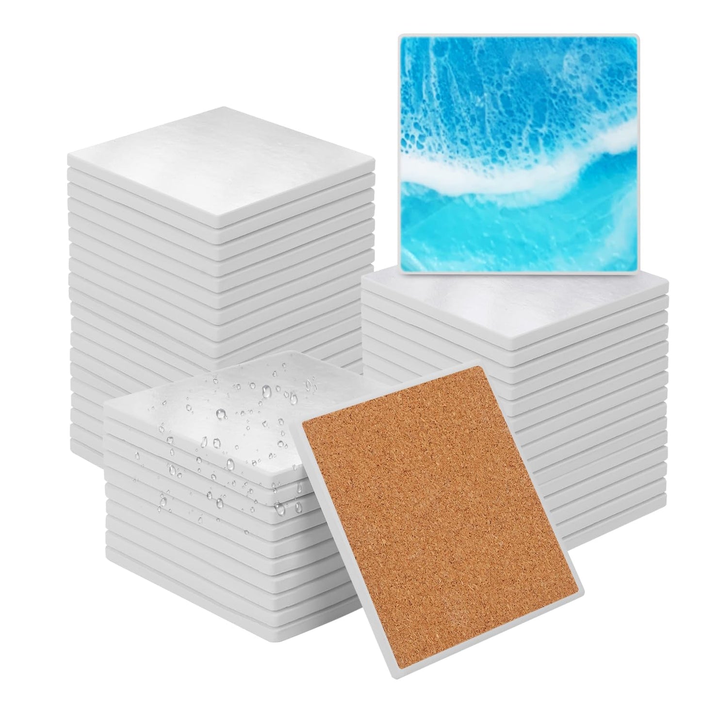 kukmakri 48 PCS Sublimation Blank Ceramic Coasters with Cork Backing Pads, 4x4 Inch Square Versatile & Decorative Glazed Ceramic Coasters for Crafting, Absorbent Ceramic Coaster for Drink