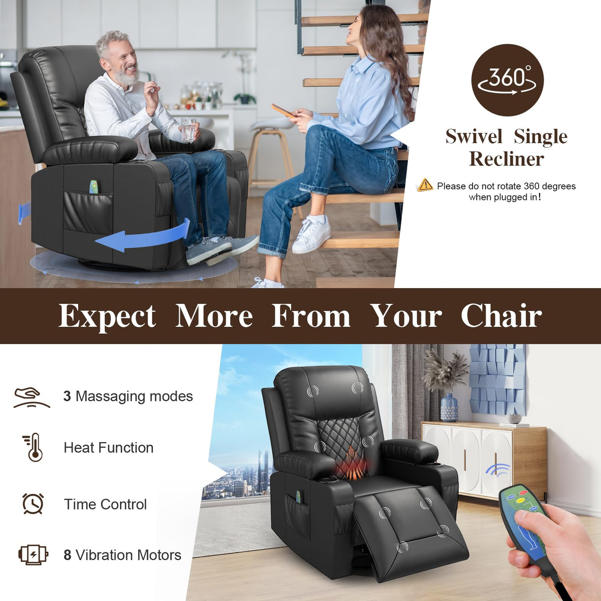 FURNIMAT Loveseat Recliner Sofa Set with 2+1+1 Pieces in Living Room, 2 Seater Reclining Loveseat Leather, 2 Recliner Chairs with 360 Degree Swivel Single Sofa Seat FURNIMAT