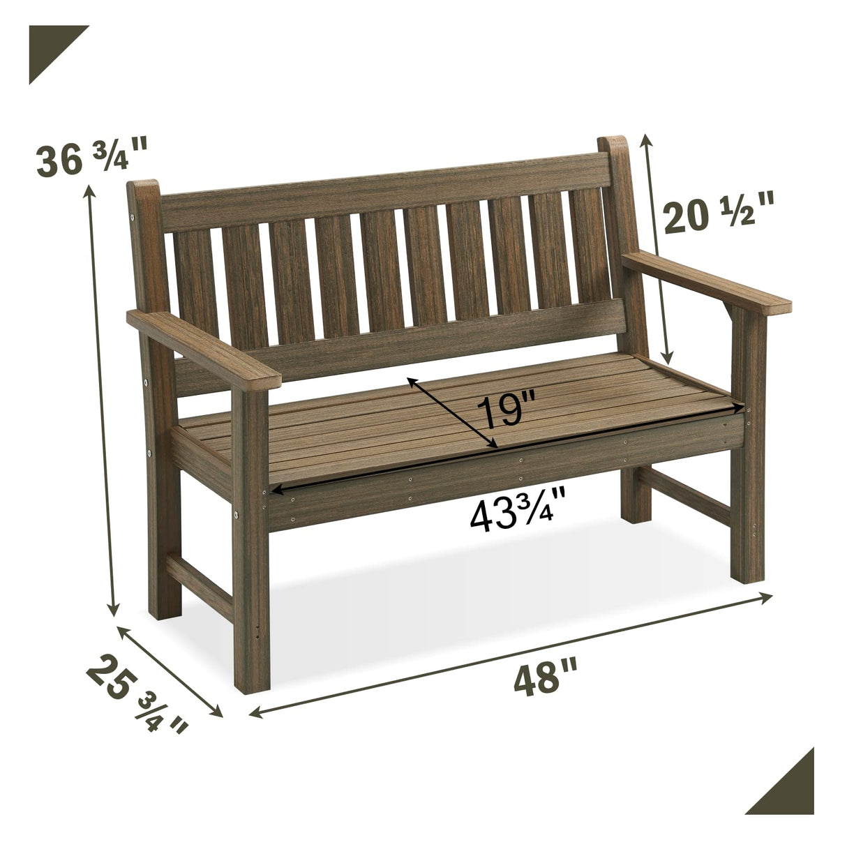 ACUEL Outdoor Bench, 2-Person Garden Bench, Poly Lumber Patio Bench for Outdoors, Porch, and Park (Light Brown) ACUEL