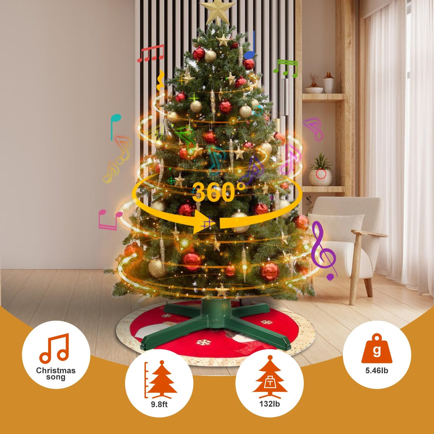 Rotating Christmas Tree Stand for 9 Ft Artificial Christmas Tree Remote Control 360° Spinning Christmas Tree Stand with Music 3 Built-in Electrical 2 USB Outlets Revolving Christmas Tree Stand