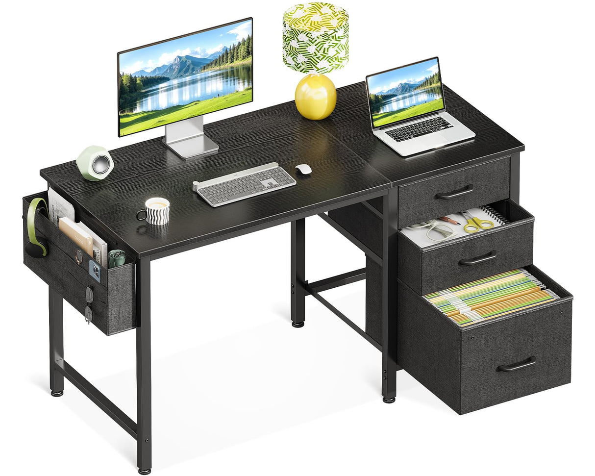 Casaottima 40" Small Computer Home Office Desk for Bedroom with Fabric Drawers & File Cabinet, Cloth Storage Bag and Hook, Writing Study Work Table for Small Space, Black Casaottima