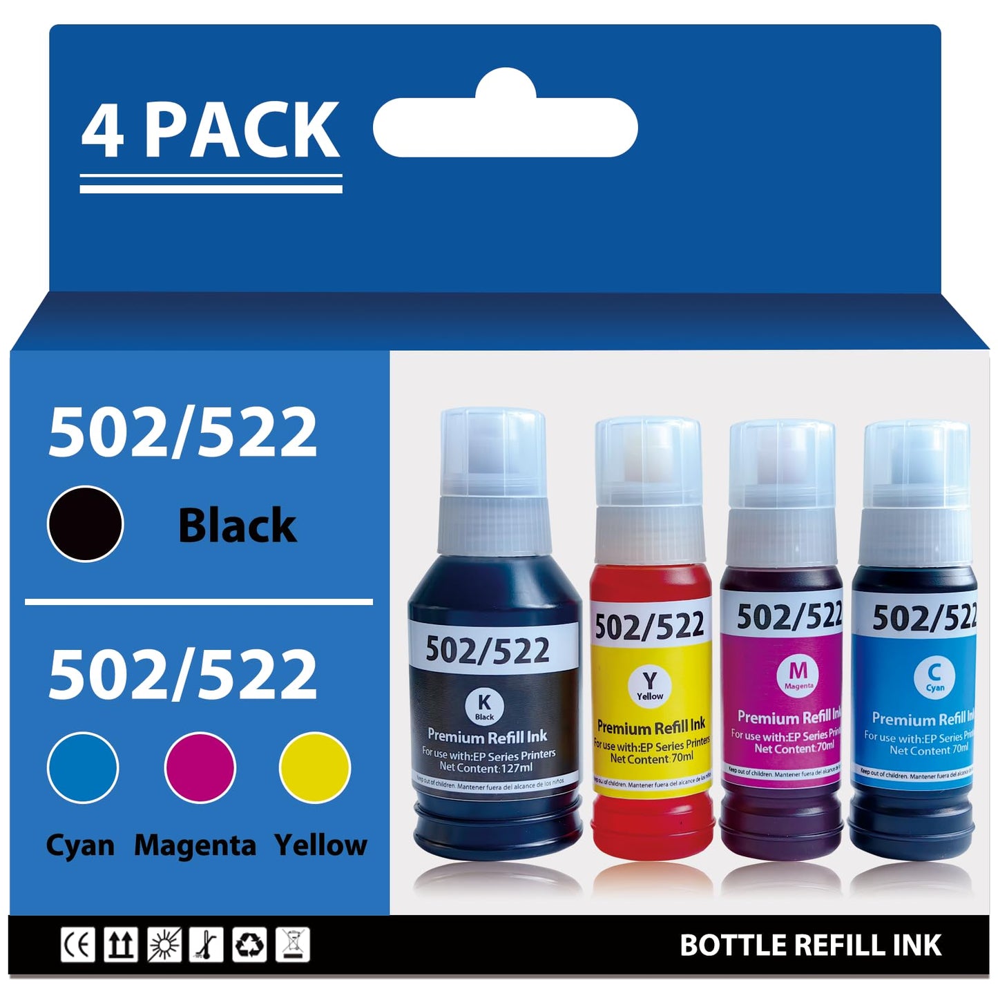 Jmomy 502 522 Refill Ink Bottles Replacement Compatible for Epson 502 T502 522 T522 Ink Refill Bottles for ET-2400 ET-2720 ET-2800 ET-2803 ET-2840 ET-4700 ET-4800 ET-4810 Printers 4 Pack