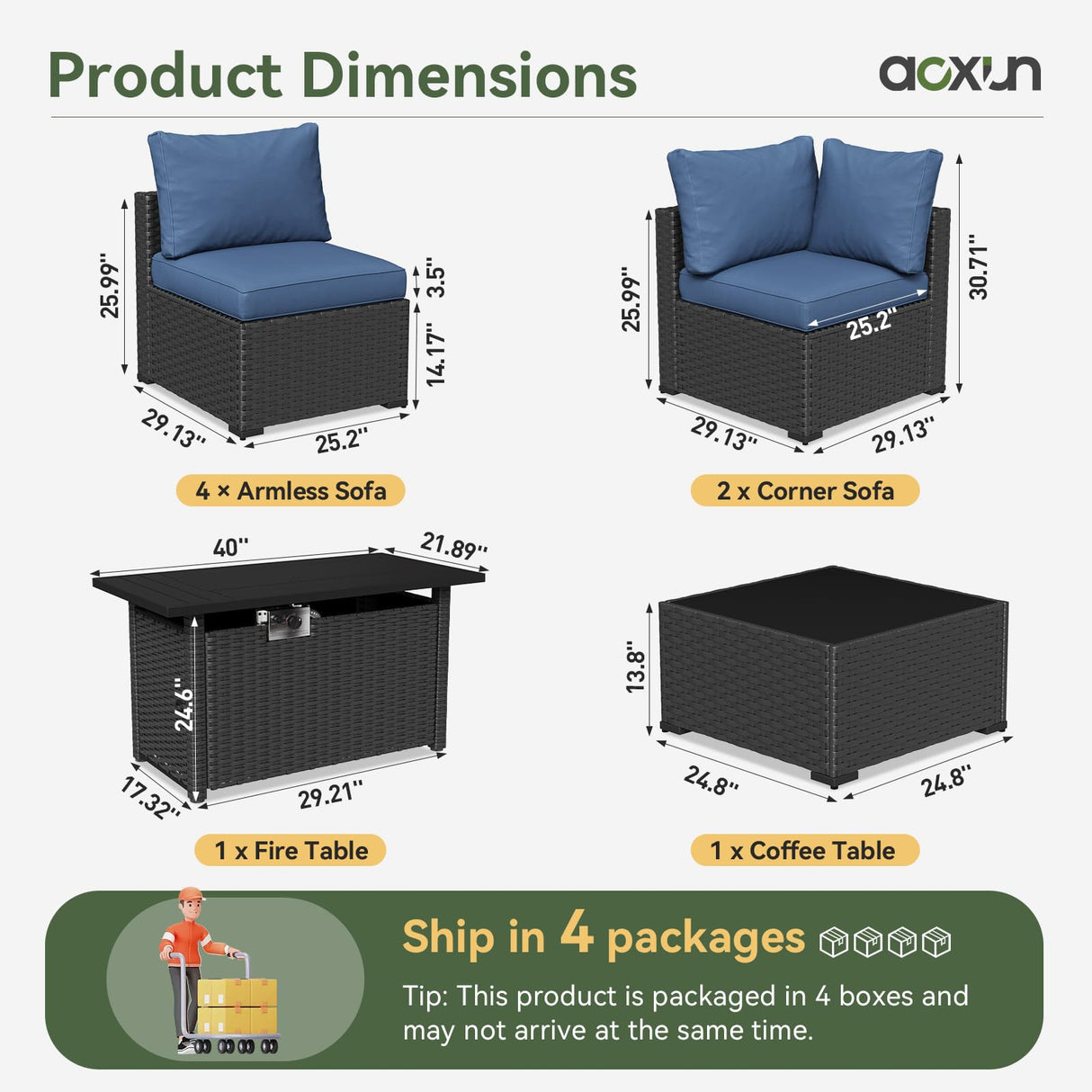 Aoxun 8 Piece Patio Furniture Set with 44” Fire Pit Table Wicker Rattan Patio Sectional Sofa Set Outdoor Seating Furniture with Thickened Cushion, Navy Blue Aoxun