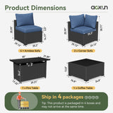Aoxun 8 Piece Patio Furniture Set with 44” Fire Pit Table Wicker Rattan Patio Sectional Sofa Set Outdoor Seating Furniture with Thickened Cushion, Navy Blue Aoxun