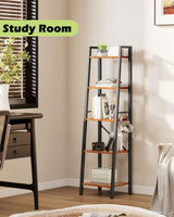 Furologee 5 Tier Ladder Shelf Bookcase, Tall Narrow Bookshelf with 2 Hooks, Rustic Brown Bathroom Corner Book Shelf, Metal Wood Book Case Standing Unit, Display Shelf for Living Room Office Kitchen Furologee