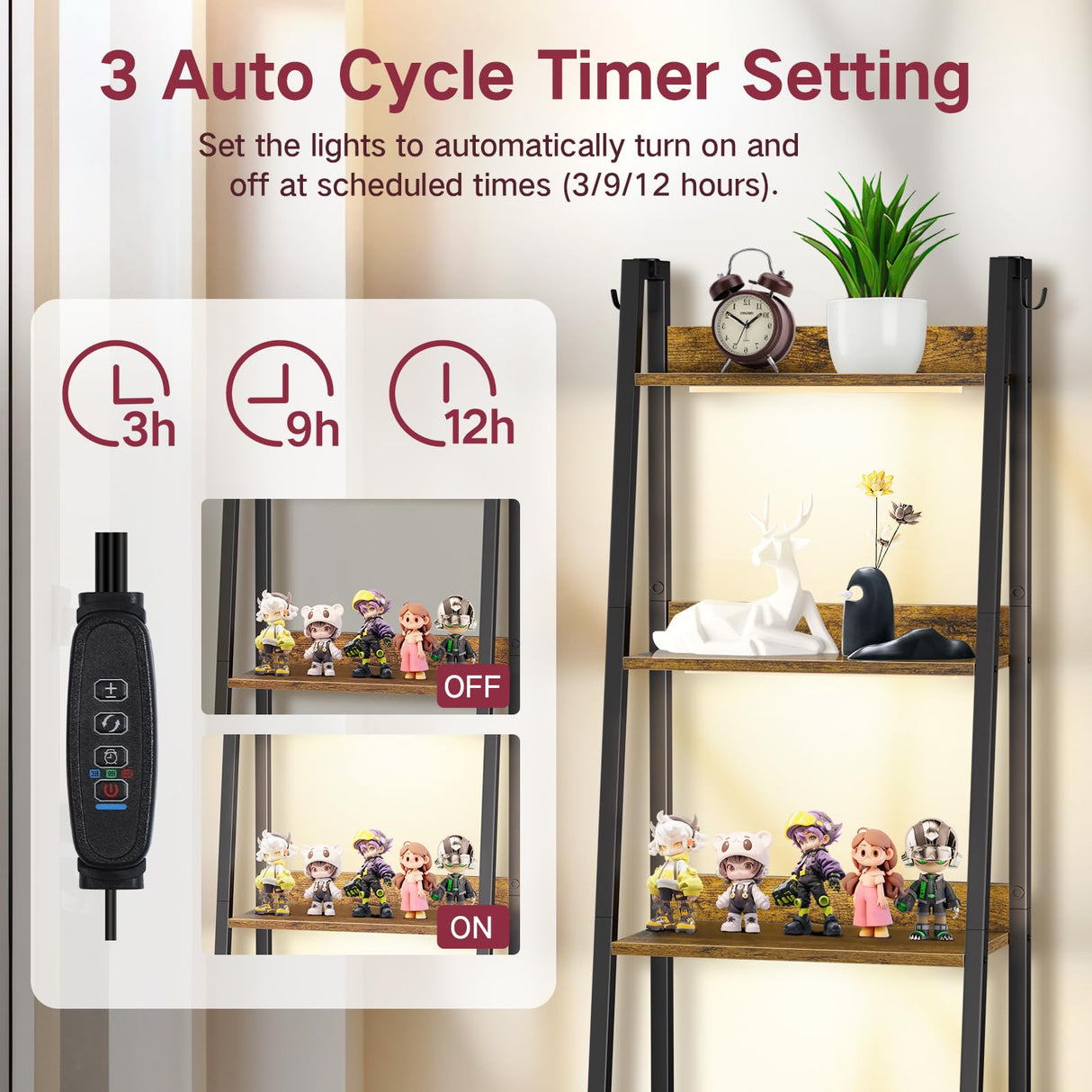 OUTONLIFE 5-Tier Ladder Shelf, Bookshelf with LED Light & Drawer, Rustic Narrow Tall Corner Bookcase with Storage Rack, Wood Metal Standing Display Shelves for Living Room, Bedroom (Rustic Brown) OUTONLIFE