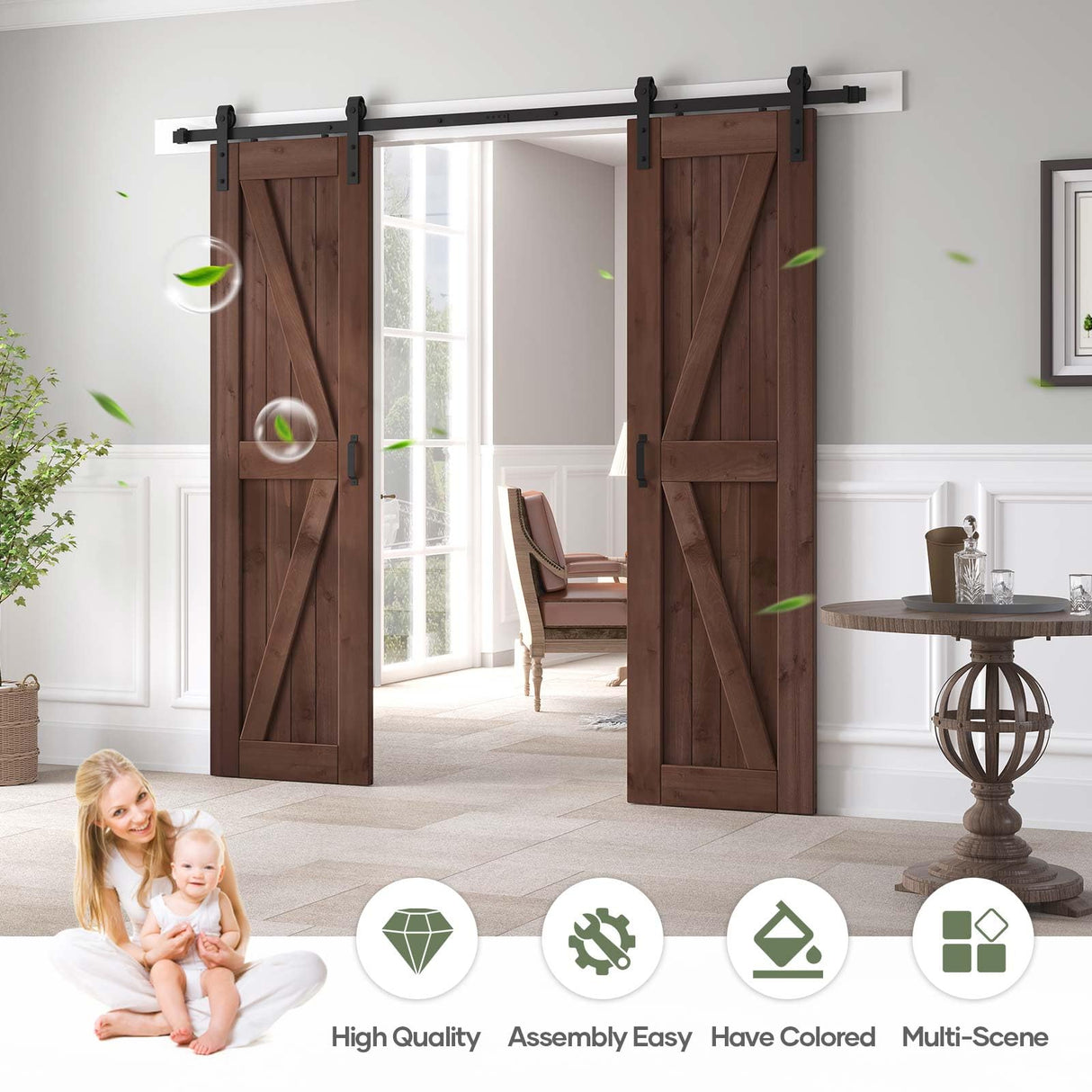 ROYMELO 48x84 inch (Double 24×84 inch Door) Sliding Barn Wood Door Slab with 8ft Hardware Kit and Handle, Coffee, K Shape, Simple DIY Assembly ROYMELO