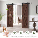 ROYMELO 48x84 inch (Double 24×84 inch Door) Sliding Barn Wood Door Slab with 8ft Hardware Kit and Handle, Coffee, K Shape, Simple DIY Assembly ROYMELO