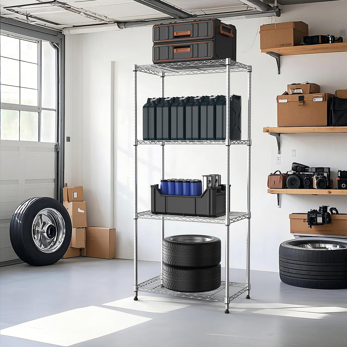 M MZG 1000 lbs 4Tier Shelf Metal Storage Shelves Wire Rack Closet Organizers with Wheel for Garage Kitchen Bathroom Laundry Chrome 13.7" D x 23.6" W x 53.4" H M MZG