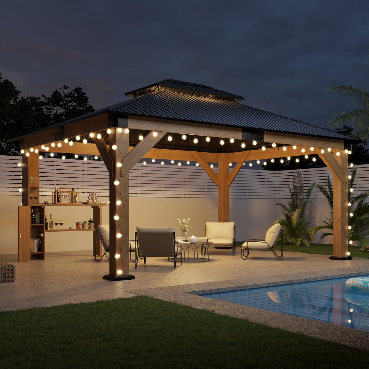 AMERLIFE 13x15 Hardtop Gazebo, Spruce Wood Gazebo with Storage Bar Counter, Outdoor Pavilion with Double Iron Roof, for Patio, Lawns, Garage, Black + Natural Wood AMERLIFE