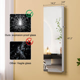 HNEBC LED Mirror Jewelry Cabinet,47.2" Wall Mounted Jewelry Organizer with Full-Length Mirror,Over The Door Hanging Jewelry Armoire Storage Cabinet,Folding Dresser,2 Drawers,Lockable, 3 Shelves(White) HNEBC