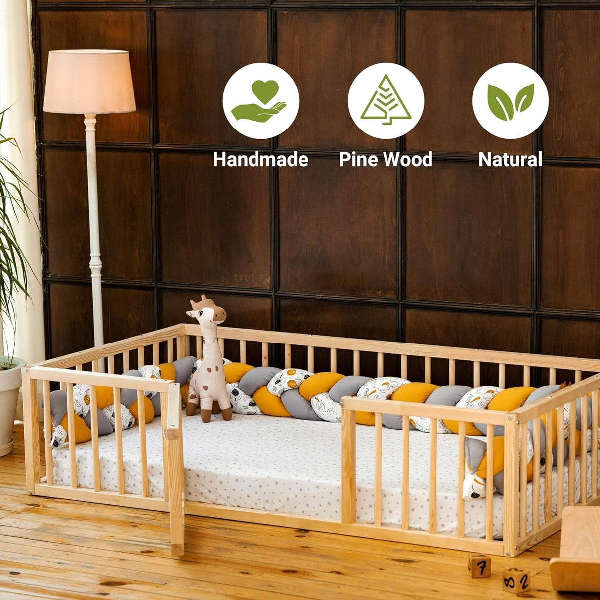 Montessori Floor Bed with Door for Toddler Crib Size 27.5'' x 53'' | Pine Wood Natural Solid Frame Bed | Sturdy Design Floor Bed Frame for Boy and Girls (Crib, Height : 19 Inches) wood and montessori