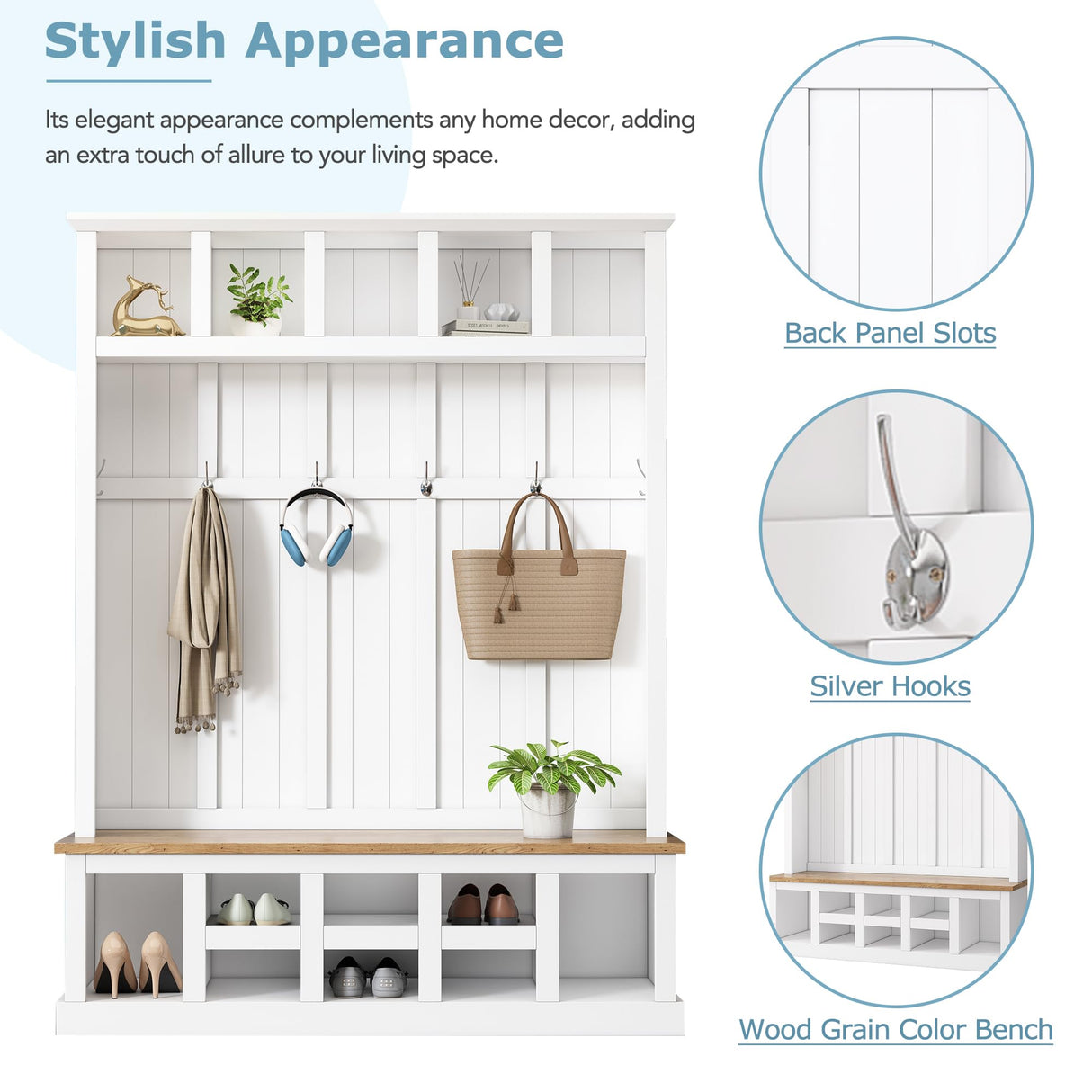 Merax Wood Hall Tree Entryway Bench with Storage Cabinet, 6 Hooks Coat Racks for Entrance, Hallway White Merax