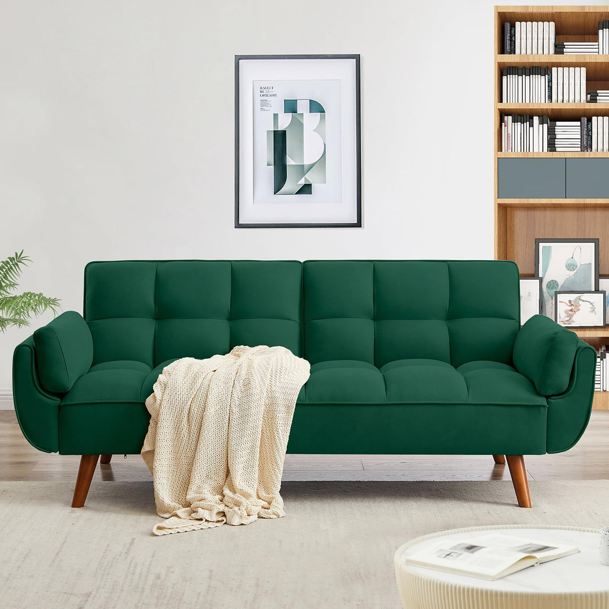 Homies Life Solid Wood Feet Futon Couch Tufted Convertible Sleeper Sofa Bed Solid Wood Legs Adjustable Backrest Living Room Hemp Sponge S-Shaped Spring Eucalyptus Frame (Green) Homies Life