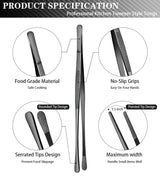 JETKONG 2 Pcs 12-Inch Kitchen Tweezers Tongs with Precision Serrated Tips, Stainless Steel Chef Tweezer Professional Cooking Tweezers for BBQ, Plating and Serving (12-Inch, Black) JETKONG