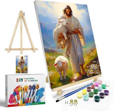igoodom Paint by Numbers Kit for Adults with Frame and Easel, 20x30cm DIY Acrylic Painting on Canvas with Box, Jesus Paint by Number Set for Home Wall Decor igoodom