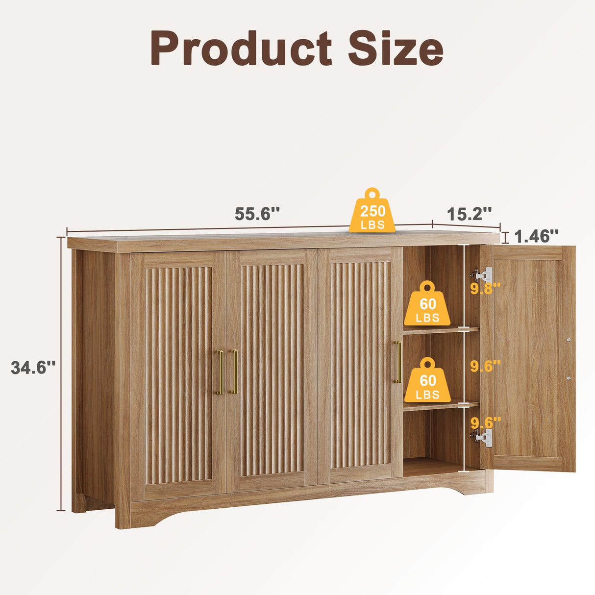 Memobarco Fluted Buffet Cabinet with Storage Accent Sideboard,Modern Credenza with 4 Doors & Adjustable Shelves,Wood Coffee Bar Table Console for Dining Room Kitchen Living Room Entryway,Natural Oak Memobarco