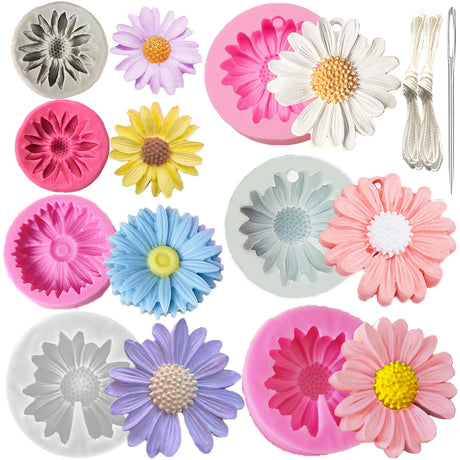10PCS Daisy Flower Silicone Mold Chrysanthemum Flower Silicone Mold with Large-Eye Wicking Needle,Candlewick Resin Candle Molds DIY Soap Concrete Casting Polymer Clay Cupcake Topper Candy Craft TYMKLMZG