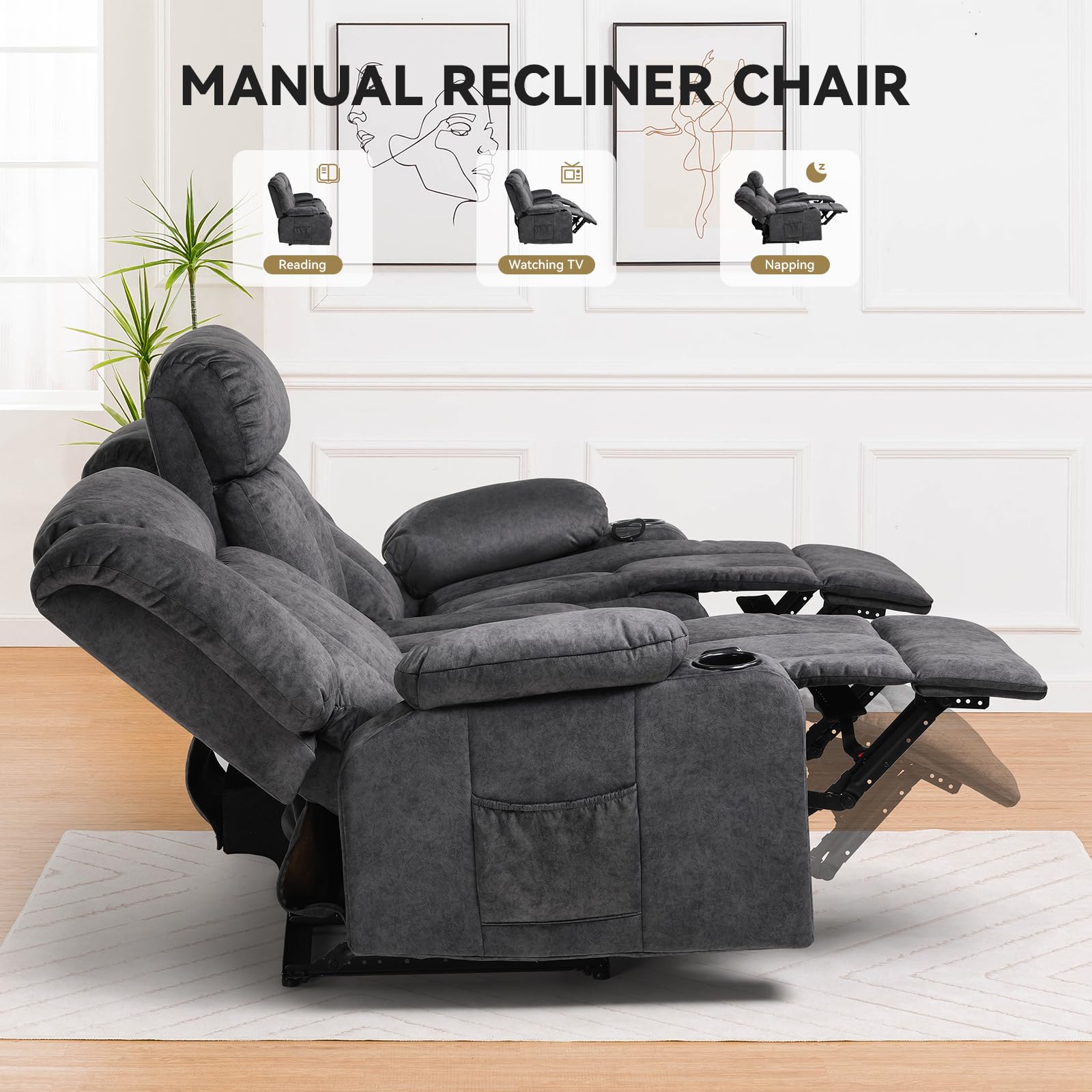 COMHOMA Manual Recliner Chair Set，Fabric Reclining Sofa Chair with Cup Holders, Upholstered Recliner with Side Pockets Suitable for Living Room Furniture (3+2+1) - WoodArtSupply