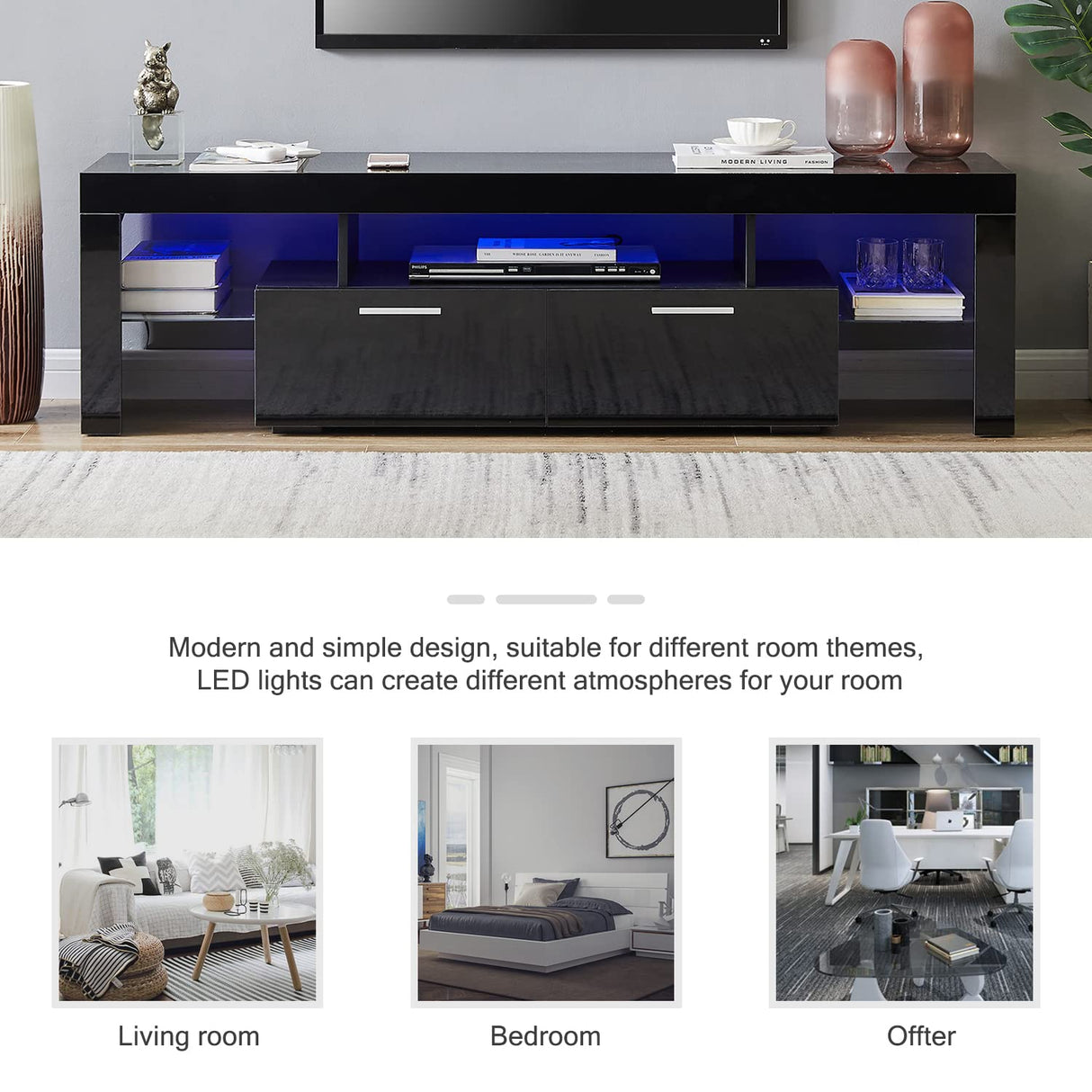 Nrizc Black LED TV Stand for 75 Inch TV, High Gloss TV Entertainment Center with Storage Drawer, TV Console Table for Living Room, Bedroom Nrizc