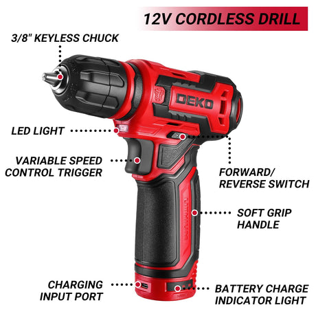 Drill Tool Set：Tool Kit with 12V Power Cordless Drill Hand Repair Tools Box with Drill, Home Tool Kits for Men & Women, Hand Drill Set Perfect for Homeowner, Diyer, Handyman - Red DEKOPRO