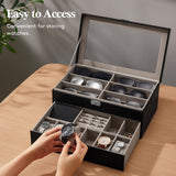 Lifewit 2- layer Sunglasses Organizer with Glass Lid, 6 Slots eyeswear Holder, 6 Slots Watch box, Spaces for Rings, Brooch, Tie Clip, Multiple Eyeglasses Display Case for Men, Gift Idea, Inky Black Lifewit