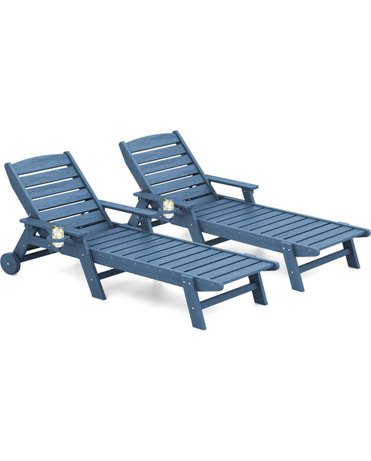 SERWALL Patio Chaise Lounge Chair Set of 2, 5 Positions Adjustable HDPE Outdoor Lounge Chair for Pool, Poly Lounge Chair with Rolling Wheels & Cup Holder for Poolside, Deck, Blue