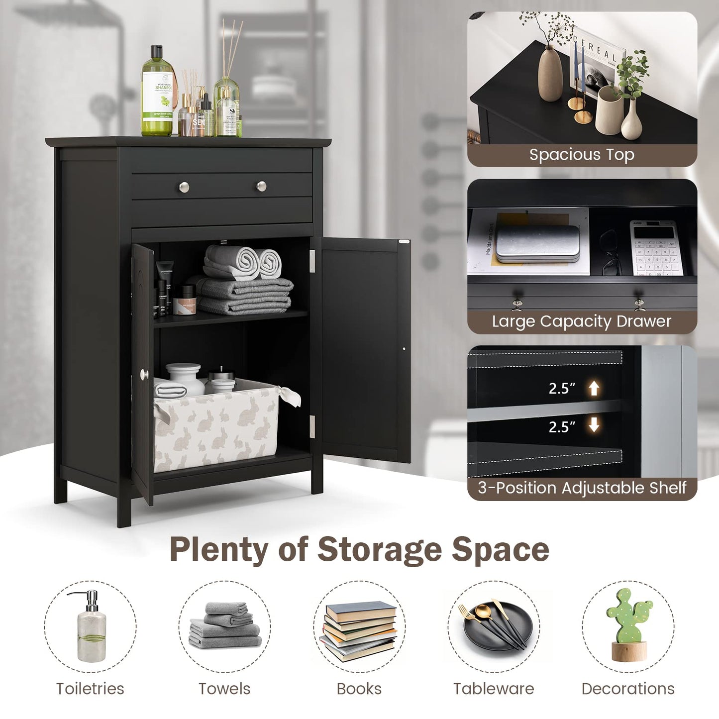 Tangkula Freestanding Black Bathroom Floor Cabinet with Adjustable Shelves and Large Drawer - WoodArtSupply