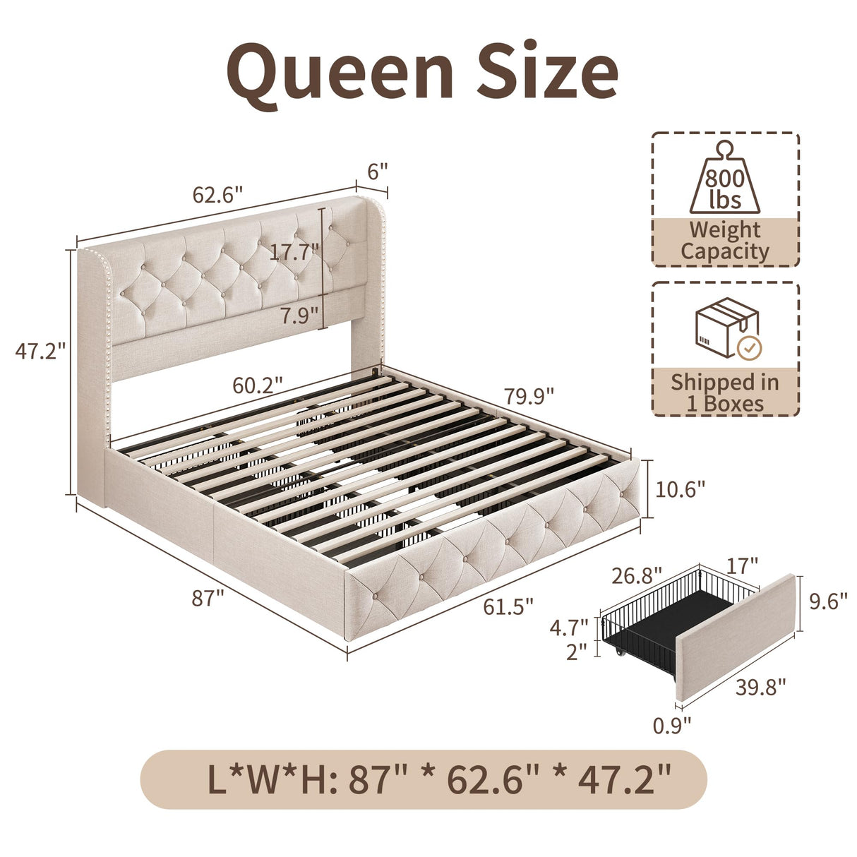 BRELTAM Queen Size Bed Frame with Storage Drawers and Wingback Headboard Linen Upholstered Platform Bed Frame Tufted Beds with Heavy Duty Wood Slats, Noise Free, Easy Assembly, Beige BRELTAM
