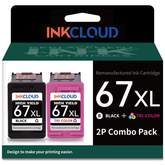 INKCLOUD Remanufactured Ink Cartridges Replacement for HP 67XL Printer Ink for 2700 2700e 2755 2755e 4100 4100e 4155 4155e 6000 6055 6055e 6400 6455e 6458e Printer (1 Black 1 Tri-Color, 2Pack)