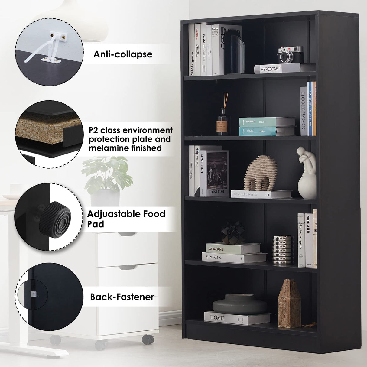 Sunon Wood Bookcase 5-Shelf Freestanding Display Wooden Bookshelf for Home Office School (11.6'' D*33'' W*59.8'' H,Black) Sunon