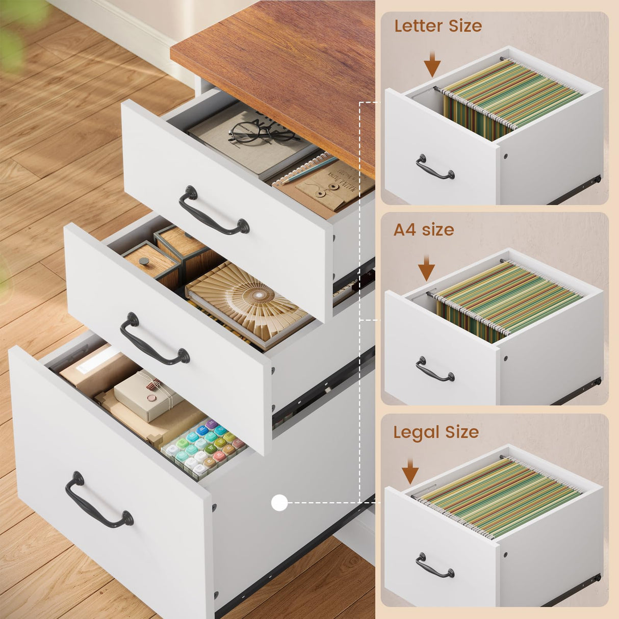 SEDETA L Shaped Desk, Farmhouse Desk with Drawers and Storage Shelves, Executive Home Office Desk with Power Outlet, File Cabinet Storage, Wood Corner Computer Desk, White SEDETA